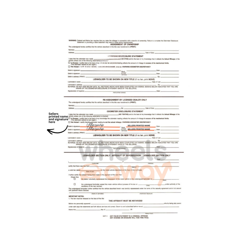 maine car title with sellers printed name and signature