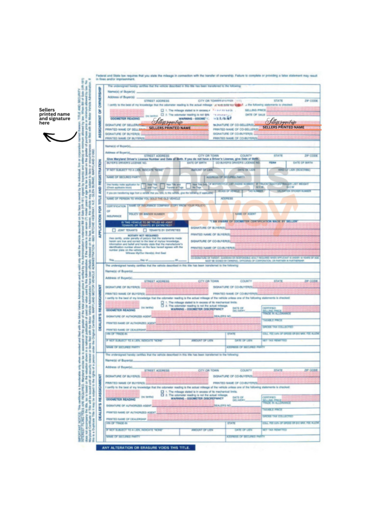 maryland car title with sellers printed name and signature