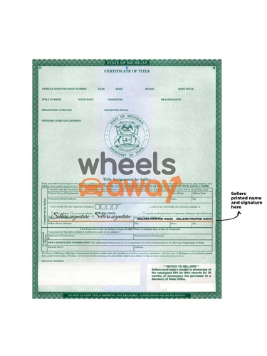 Image of annotated vehicle title (michigan), with sellers printed name and signature