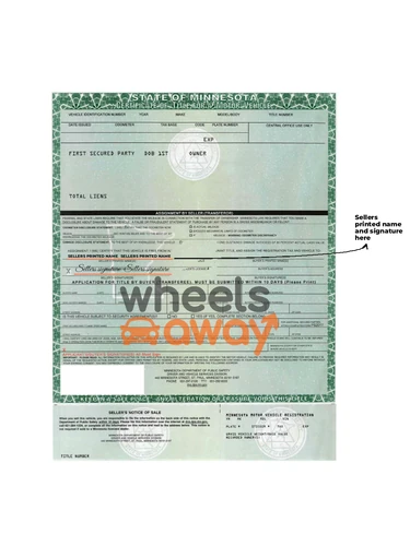 Image of annotated Minnesota title with sellers printed name and signature