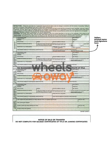Missouri vehicle title with sellers printed name and signatures
