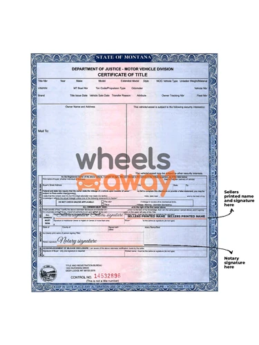 Montana vehicle title showing sellers printed name and signatures