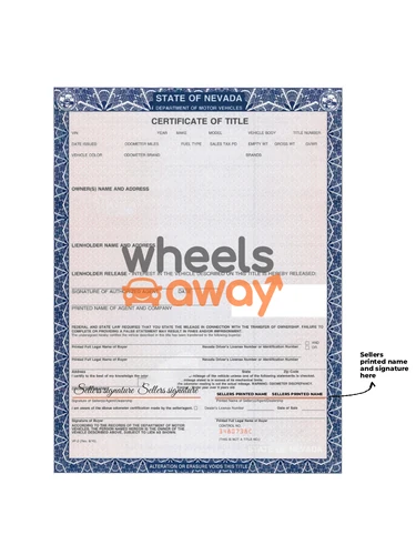 Nevada vehicle title with sellers printed name and signatures