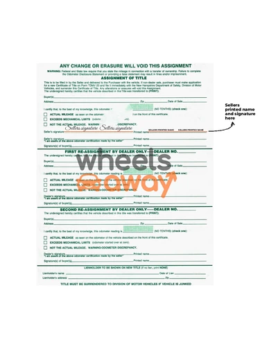 New Hampshire vehicle title with sellers printed name and signature placement