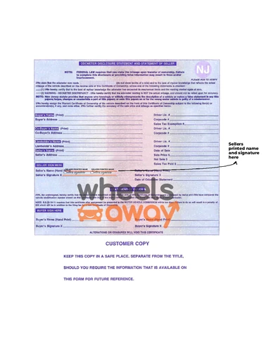 New Jersey vehicle title with sellers printed name and signatures