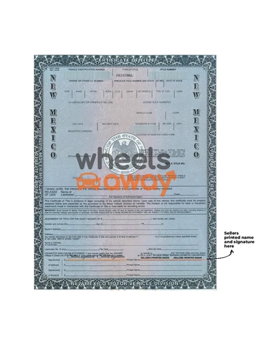 New Mexico vehicle title with sellers printed name and signatures