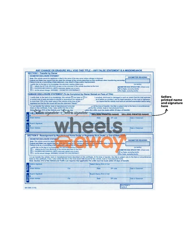New York vehicle title with sellers printed name and signature