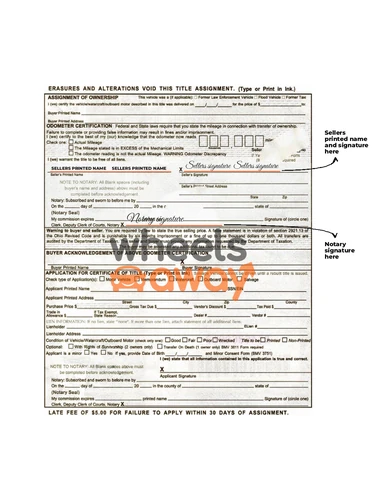 Ohio vehicle title with sellers printed name and signatures