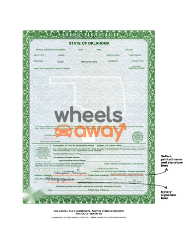 Oklahoma vehicle title with sellers printed name and signatures