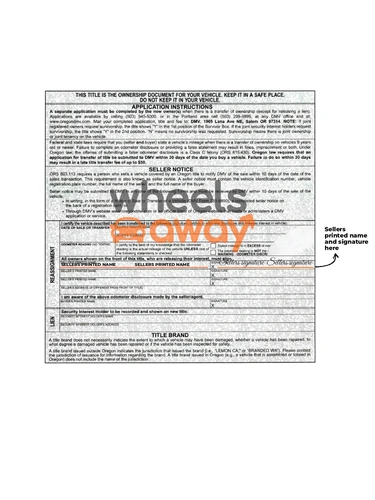 Oregon vehicle title with sellers printed name and signatures