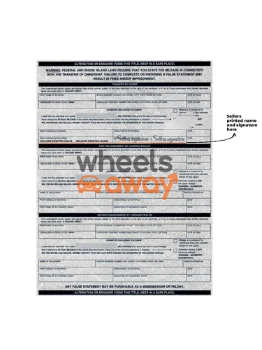 Rhode Island vehicle title with sellers printed name and signature