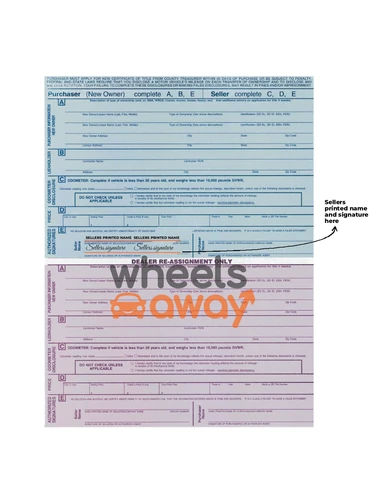 South Dakota vehicle title with sellers printed name and signatures