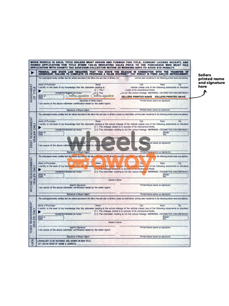 back of texas car title with sellers printed name and signature