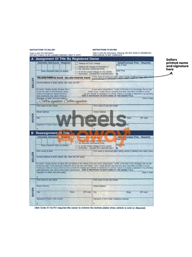 utah vehicle title with sellers printed name and signatures