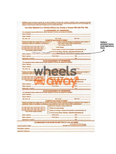 Vermont vehicle title with sellers printed name and signatures