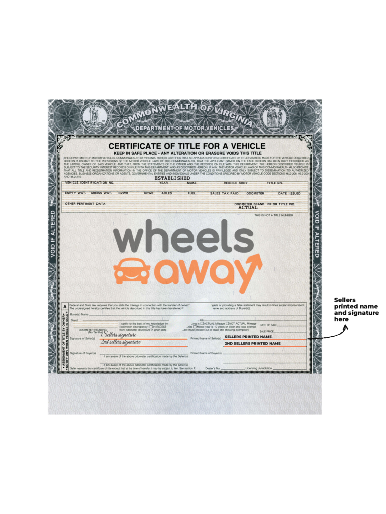 front of virginia car title annotated with sellers printed names and signatures
