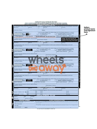 West Virginia vehicle title with sellers printed name and signatures