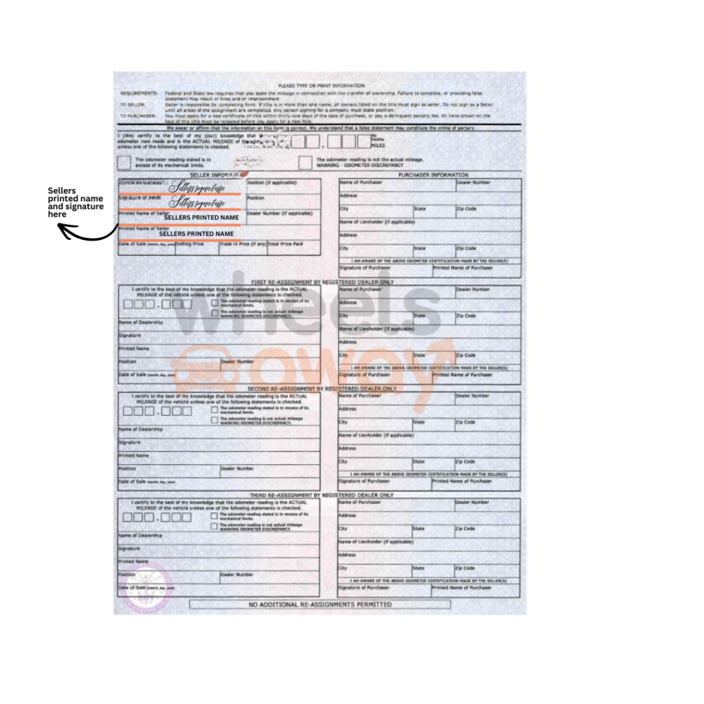 Indiana car title with sellers printed name and signature