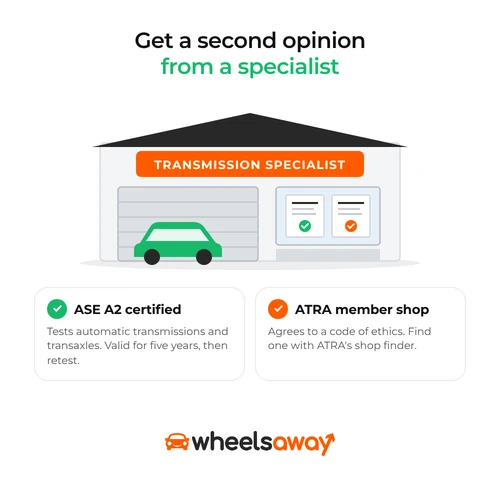 image showing you to get a second opinion from a transmission specialist with the correct certification, wheels away